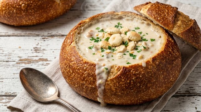 American Lunch Food New England Clam Chowder in Sourdough Bread Bowl with Oyster