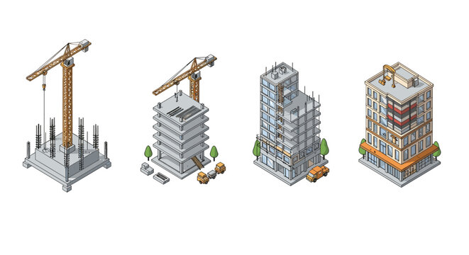 Sequential stages of modern building construction from foundation to completion with cranes and work vehicles.