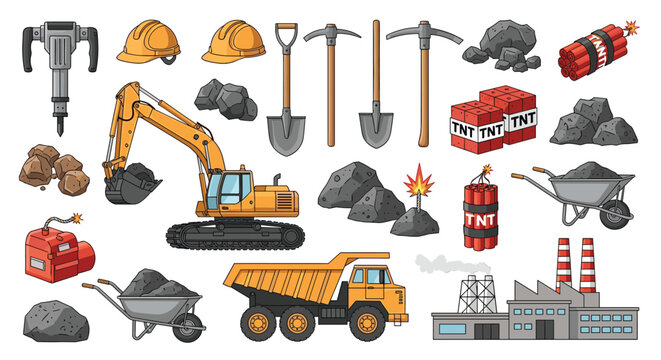 Diverse collection of mining equipment including excavators, dump trucks, TNT, tools, and raw coal materials.
