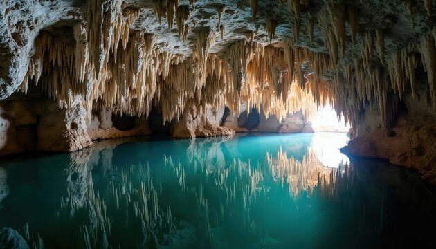 Limestone cave interior with hanging stalactites reflected in clear turquoise water. Natural rock formation with light shining from cave entrance. Underground pool serene beauty.