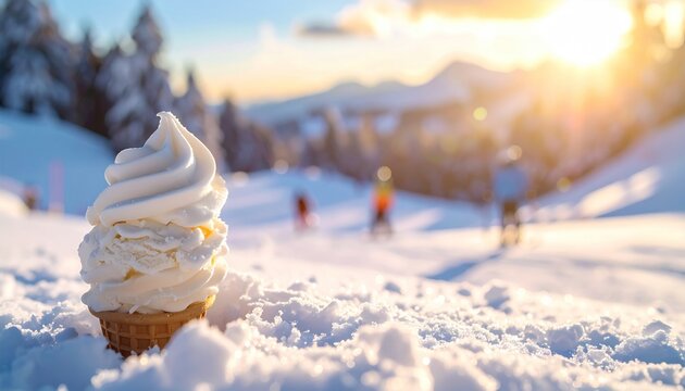 Ice cream cone on snow slope, skiers in background, bright sun setting