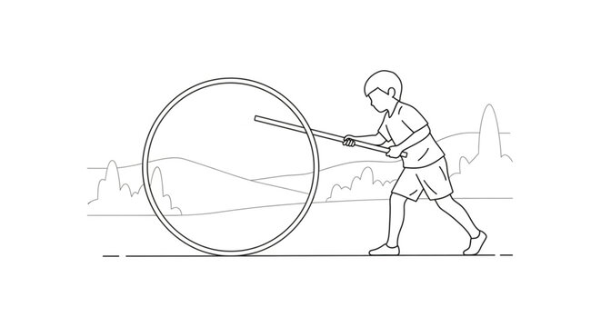 Young Boy Playing Traditional Hoop and Stick Game
