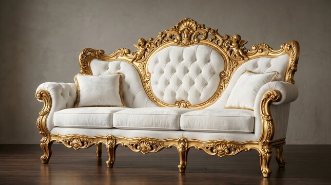 White tufted baroque sofa with gilded frame and accent pillow furniture interior upholstery decorative background