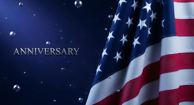 American flag with anniversary text on a dark blue background