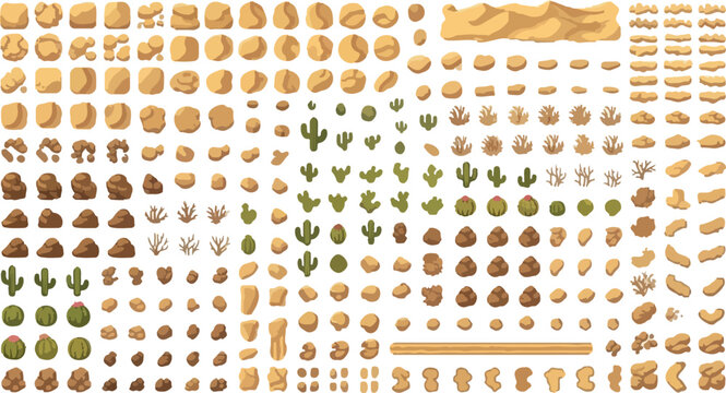 Desert environment game assets vector set, cartoon rock and cactus collection, arid landscape map elements for mobile gaming and level design
