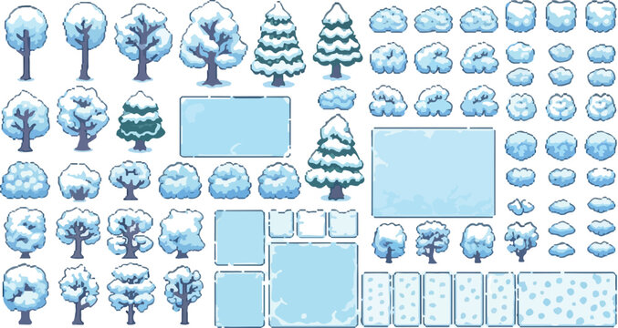Pixel art winter game assets, snowy trees and frozen bushes collection, 2D game environment sprites, blue ice blocks and snow covered forest elements