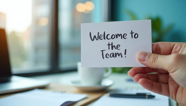 Hand holds white card with Welcome to the Team. text. Office desk with laptop and coffee cup. New hire integration onboarding. Company employee welcome.