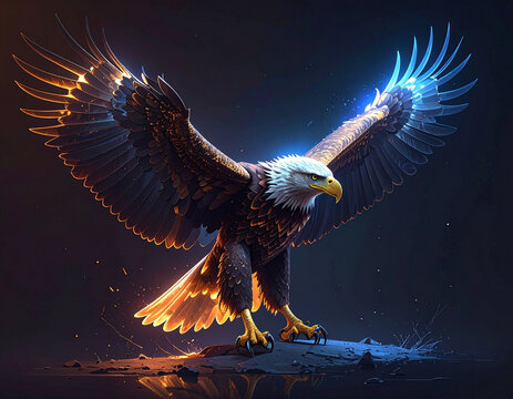 Majestic eagle with glowing wings in dark background
