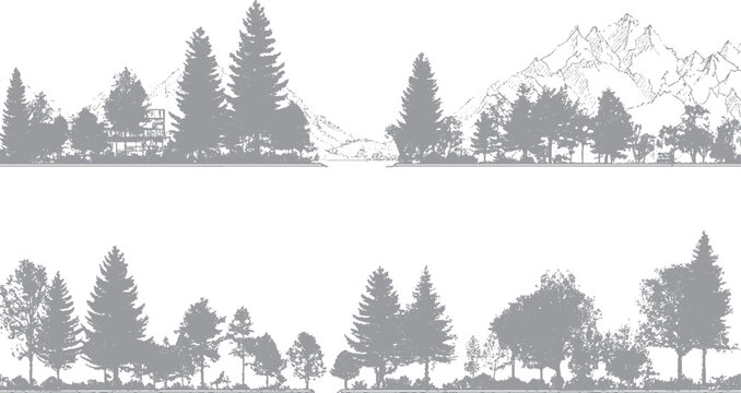 Rustic forest illustration with worn grunge effect Vintage trees design with abstract textured background