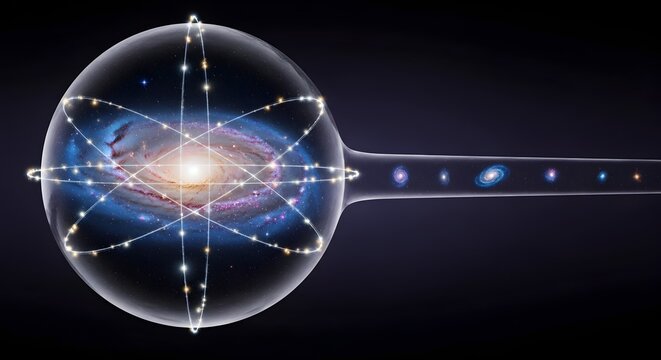Universe in a Bottle: A mesmerizing visual exploration of the cosmos, encapsulating a galaxy within a glass sphere, representing the vastness and intricacy of the universe.