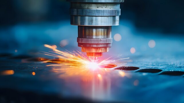 Fiber laser cutter head drilling holes in steel plate with orange sparks flying.