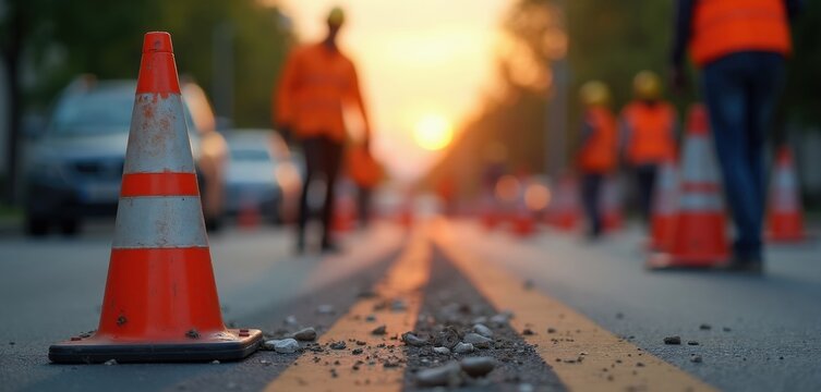 Orange safety cones on road with construction crew working in background at sunset. Workers wear high-visibility vests, directing traffic around roadwork project.