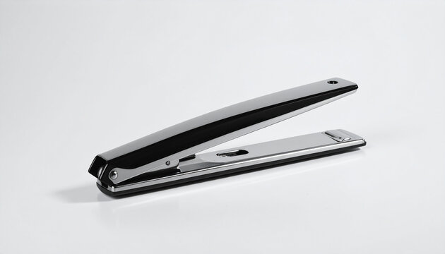 Modern chrome and black stapler in an open position on a white studio background