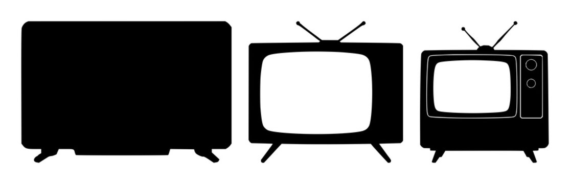 Television set with black silhouette against white background featuring electronics, home entertainment, classic TV with devices and media