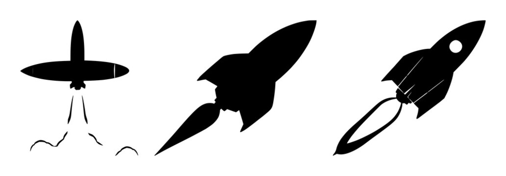 Rocket ship set with black silhouette on white background featuring space, launch, and futurism with black and white and vector illustration
