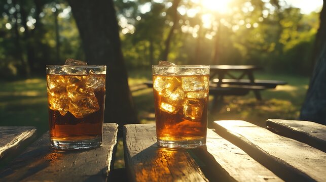 Two iced tea glasses on a picnic table, sunlit outdoor setting