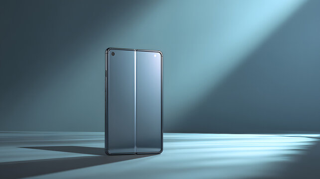 Foldable smartphone with dual screen on light blue background, innovative technology concept.