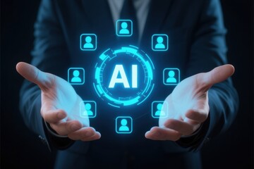 Obraz premium AI productivity marketing business people working insights concept with hands and digital icons glowing in dark