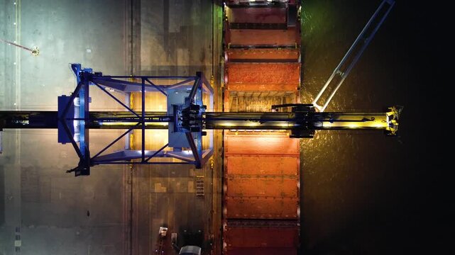 Aerial top view of container crane loading cargo ship at night in busy port terminal