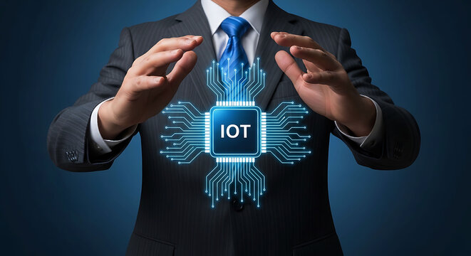 Businessman protecting IoT microchip icon symbolizing internet of things security
