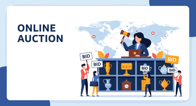 Modern online auction concept featuring an auctioneer with a gavel and people bidding on valuable antiques.