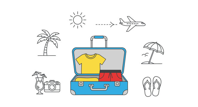 Travel Vacation Packing: Suitcase, Clothes, Camera, Cocktail, Airplane, Beach Icons