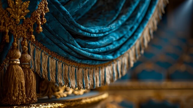Rich blue velvet drapes with golden fringe and tassels