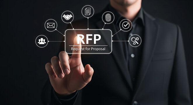 Businessman pointing at RFP Request for Proposal icon for business procurement