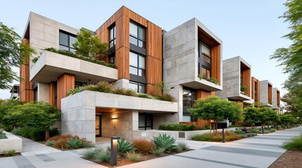 Obraz premium Modern apartment building with concrete and wood accents. Green plants grow on balconies and ground level