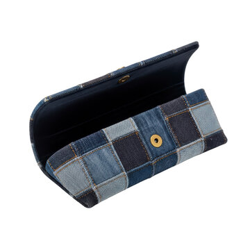 Denim patchwork glasses case with snap closure