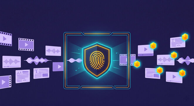 Digital content provenance and ai watermarking flat illustration featuring verified human media authentication and secure cryptographic metadata technology