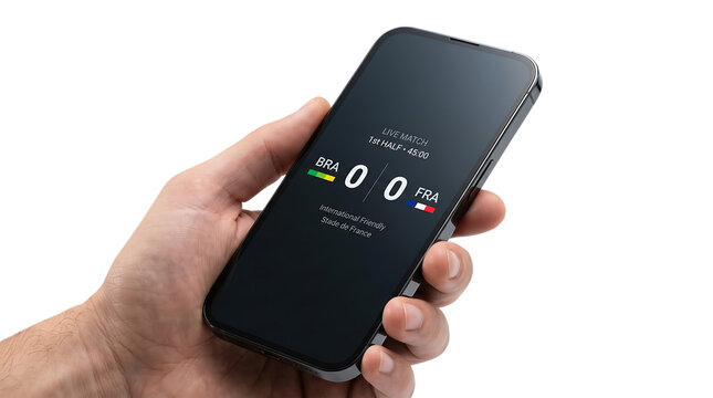 Hand holding smartphone with live soccer match on screen on white background