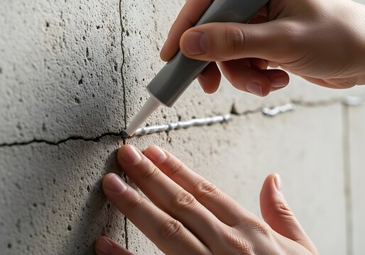 Close up of hands repairing a crack in a concrete wall with sealant