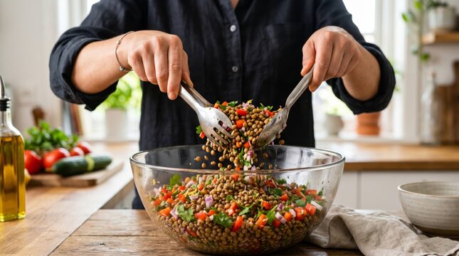 Hands tossing lentil salad in glass bowl