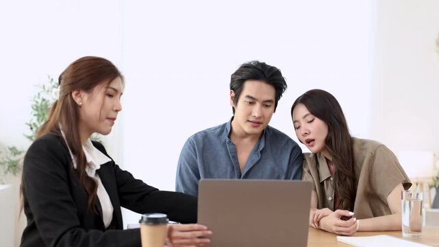 Couple discussing financial decision with realtor advisor about property insurance, agreement terms, mortgage document sign confident client planning homeownership, credit approval, family lifestyle
