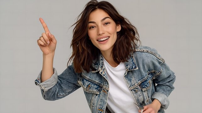 Young woman smiles, pointing upward. Wears a denim jacket and white tee