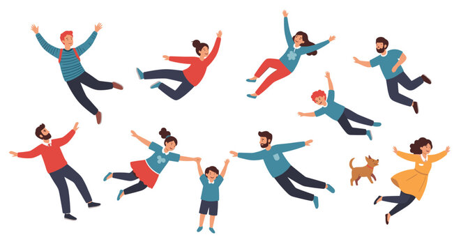 Group of diverse people, a child, and a dog are shown flying and floating freely in the air representing freedom, joy, and weightlessness.