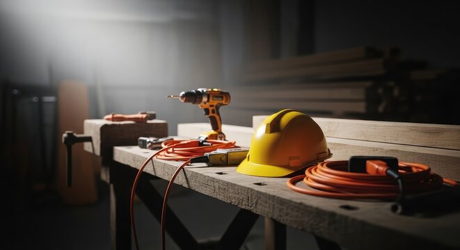 Construction site tools a hard hat cables and a hammer on a workbench