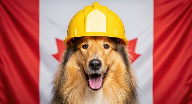 Collie dog wearing a firefighter's helmet in front of a canadian flag