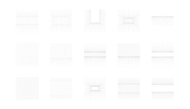Set of perspective grid wireframe linear vector backgrounds with vanishing points.
