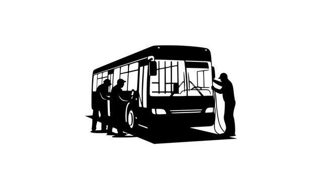 Silhouette Illustration of Maintenance Crew Cleaning a City Bus