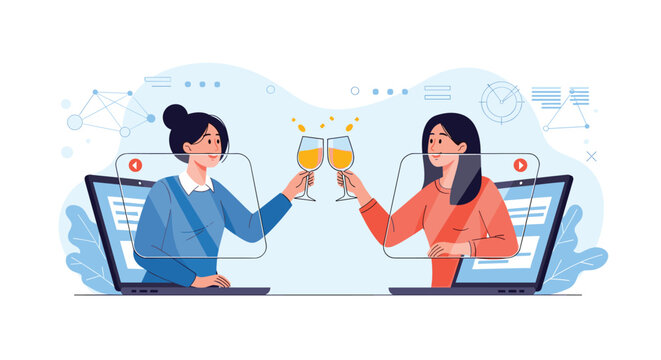 Friends celebrating together with a virtual toast using wine glasses through laptop screens during a video call.