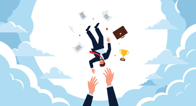 Surreal concept of business failure and rescue showing a falling man being caught by giant hands in the clouds.