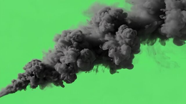 Dense gray smoke plume drifting in the air, swirling stream of thick dark fog rising diagonally across a vibrant chroma key green screen background 4K Video