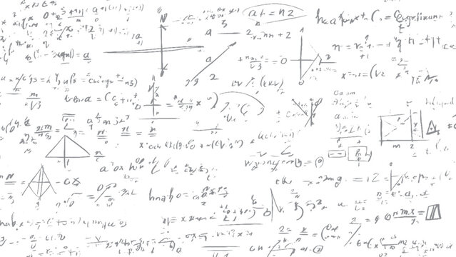 Educational math symbols and equations illustration. Handwritten algebra and geometry formulas background. 