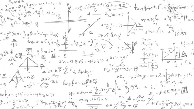 Educational math symbols and equations illustration. Handwritten algebra and geometry formulas background. 