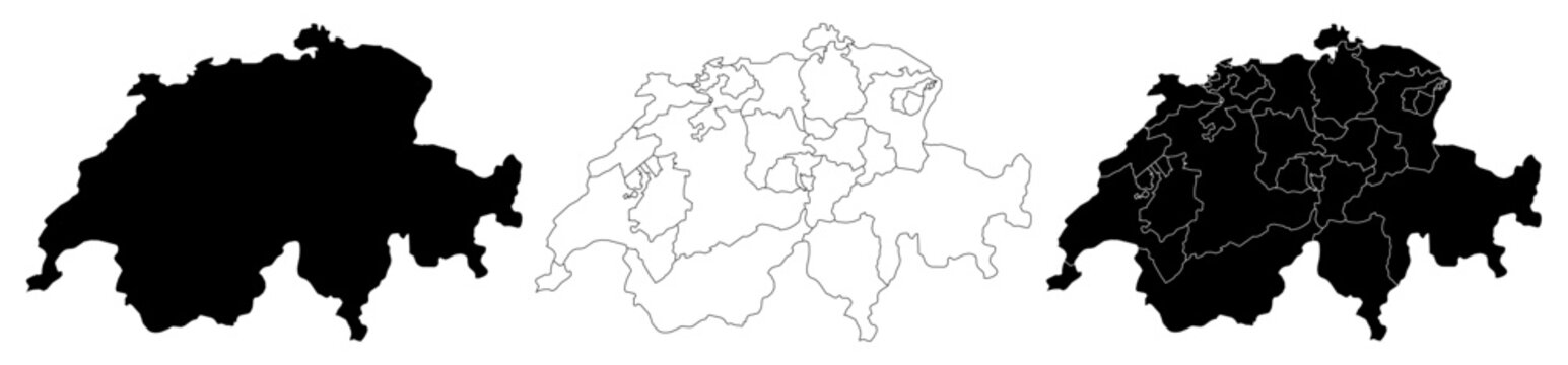 Switzerland map isolated on white background. Switzerland country map. High detailed. Switzerland political map. Switzerland map silhouette linear and black illustration. Black and white. Vector 