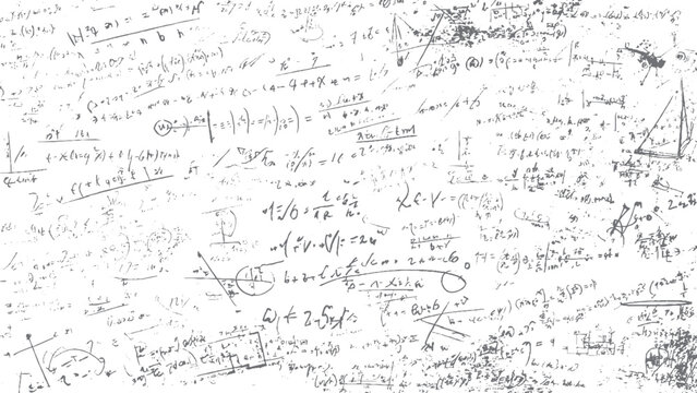 Educational math symbols and equations illustration. Handwritten algebra and geometry formulas background. 