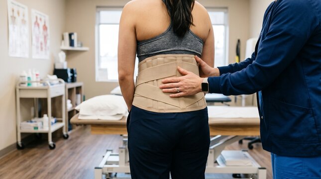 Physical therapist adjusts lumbar support brace on patient back in clinic