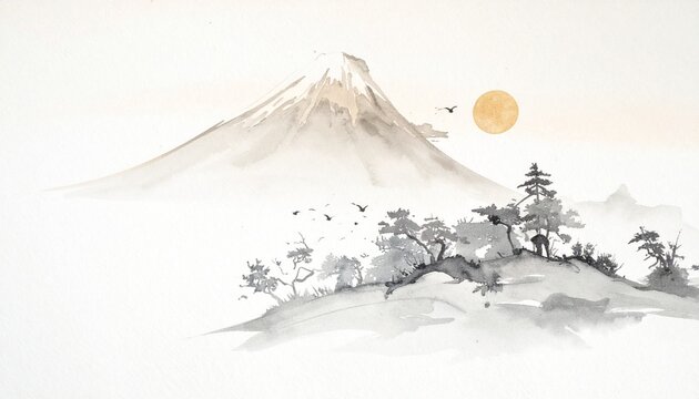 山と太陽と松が広がる水墨画風の静寂な和風風景｜富士山 松 太陽